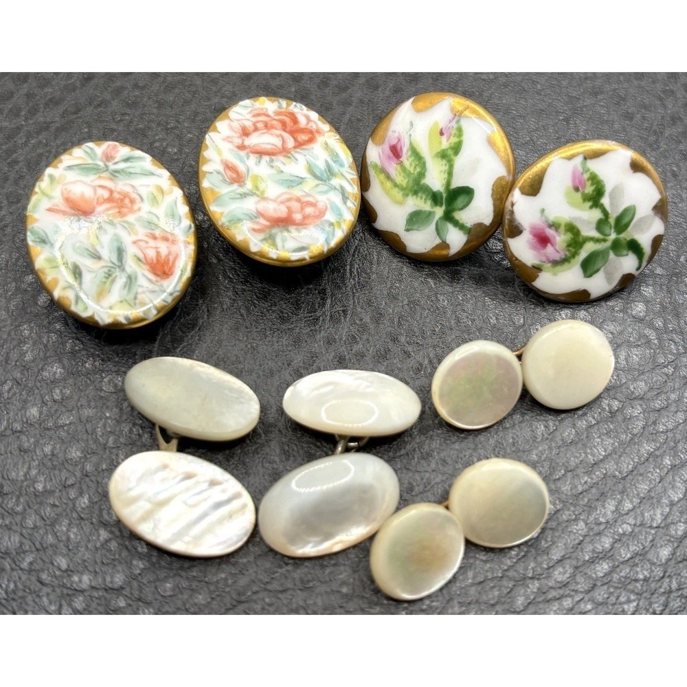 Vintage Hand Painted Porcelain Mother of Pearl Cufflinks Lot Gold Tone Estate